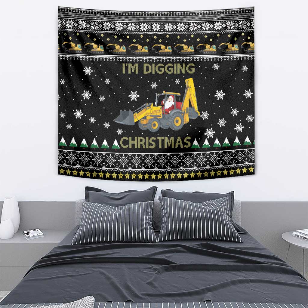 Christmas tapestry wall hanging with yellow tractor, Santa, and 'I'M DIGGING' over dark pattern