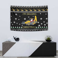 Wall hanging Christmas tapestry featuring a yellow tractor with Santa and 'I'M DIGGING' message