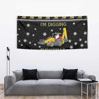 Dark Christmas tapestry with yellow tractor, Santa, and 'I'M DIGGING' slogan in festive border