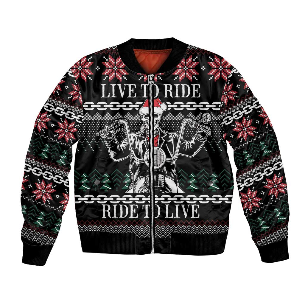Black biker bomber jacket with skeleton rider graphic and front zip, Christmas knit cuffs