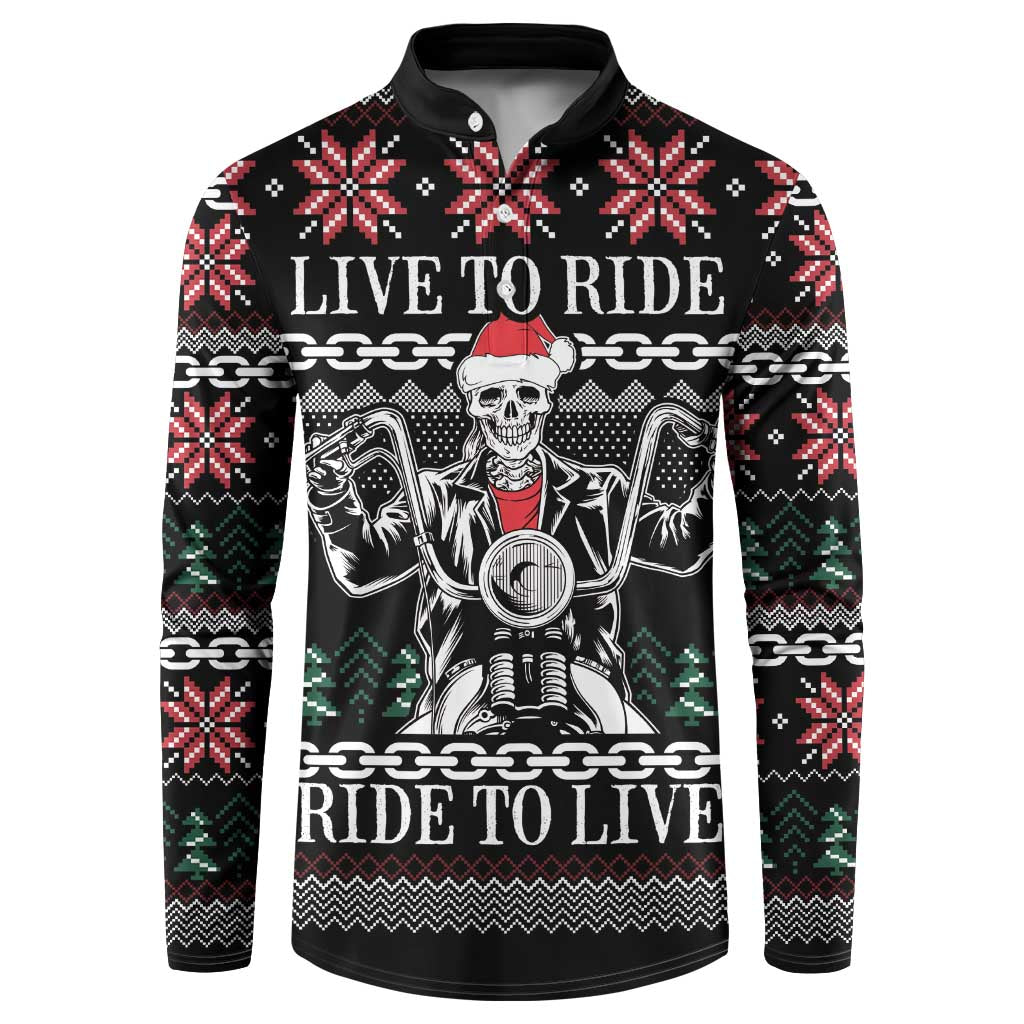 Black crewneck sweatshirt with long sleeves, biker skull graphic and red snowflake pattern
