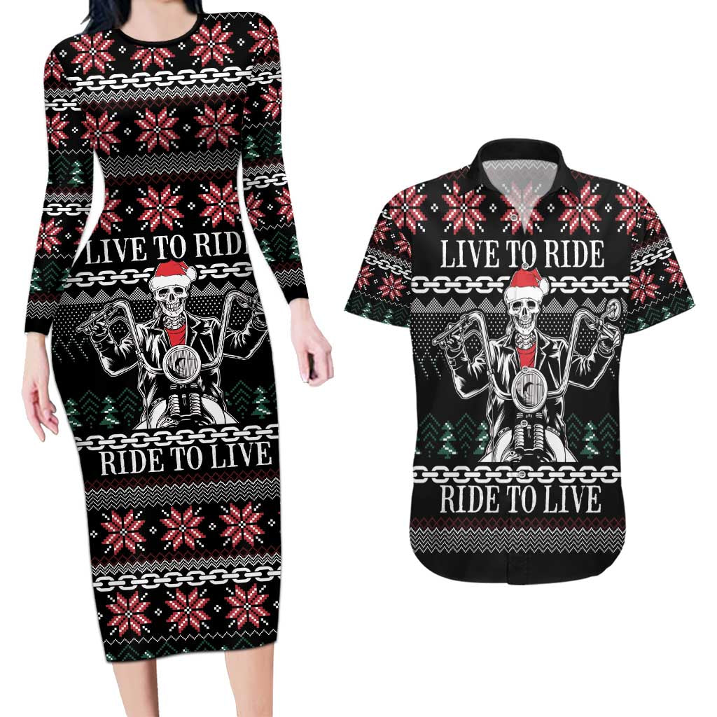 Live To Ride Motorbike Skeleton Couples Matching Long Sleeve Bodycon Dress and Hawaiian Shirt Biker Skull Christmas DT04 - Wonder Print Shop