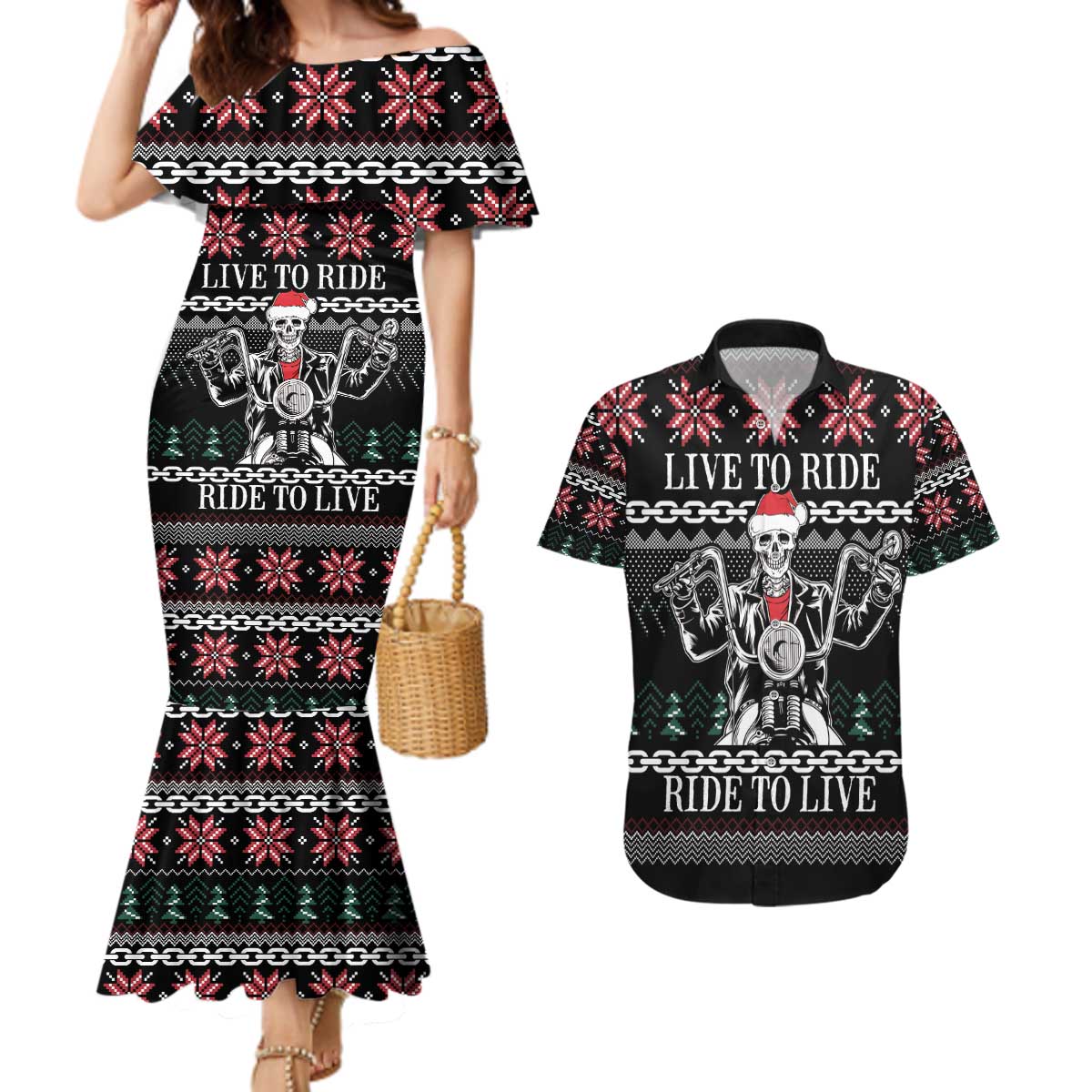 Live To Ride Motorbike Skeleton Couples Matching Mermaid Dress and Hawaiian Shirt Biker Skull Christmas DT04 - Wonder Print Shop