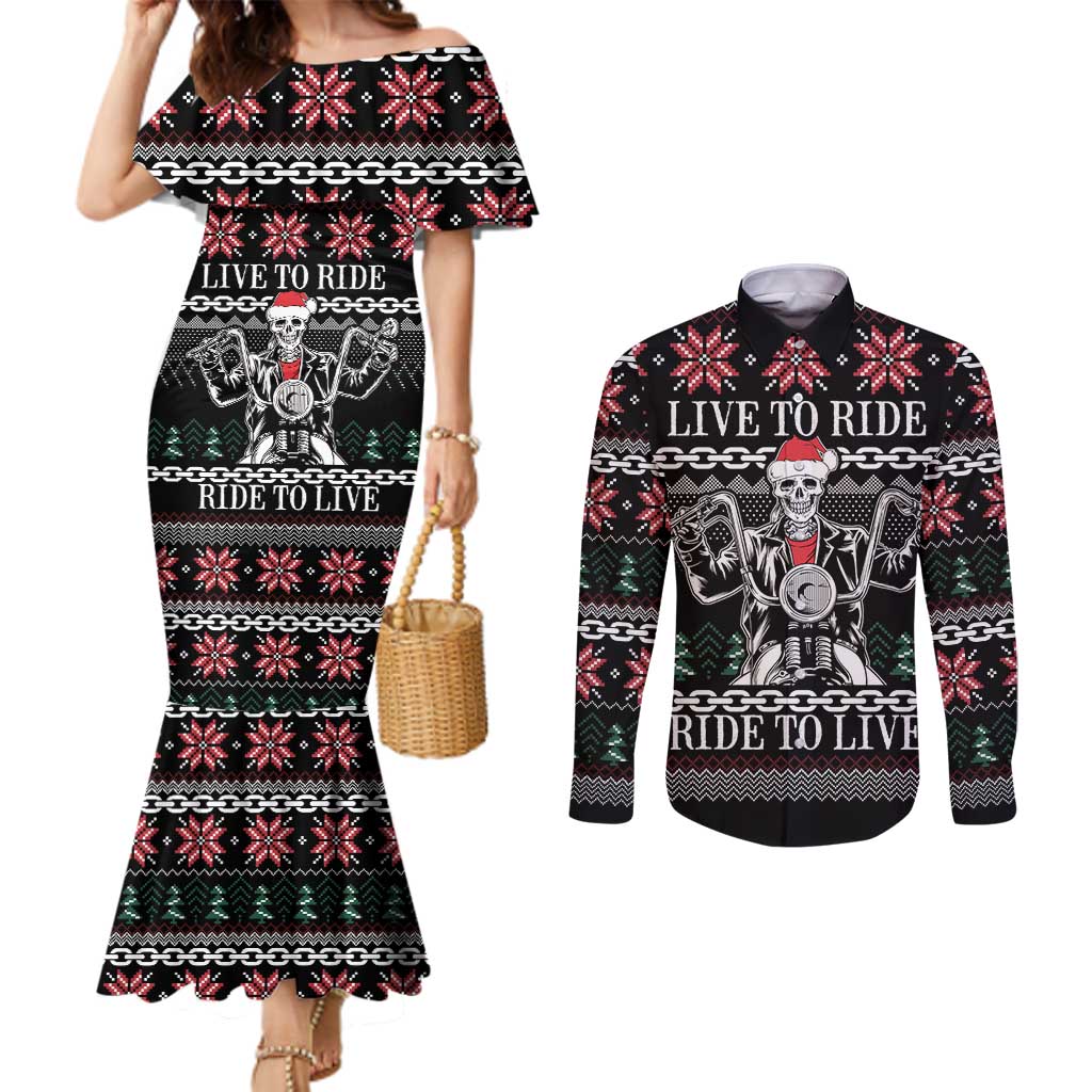 Live To Ride Motorbike Skeleton Couples Matching Mermaid Dress and Long Sleeve Button Shirt Biker Skull Christmas