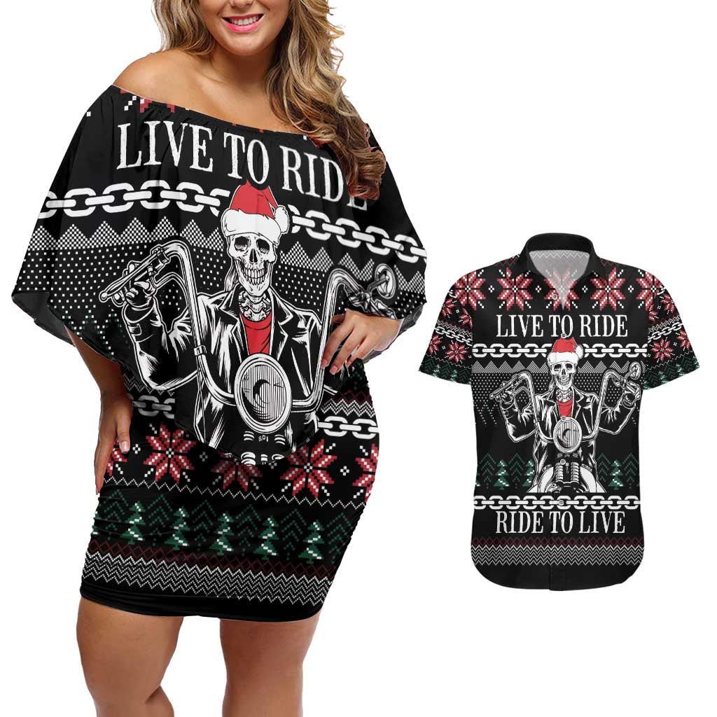 Live To Ride Motorbike Skeleton Couples Matching Off Shoulder Short Dress and Hawaiian Shirt Biker Skull Christmas DT04 - Wonder Print Shop