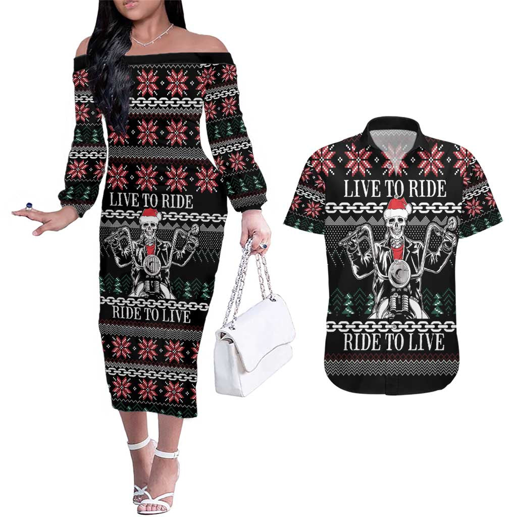 Live To Ride Motorbike Skeleton Couples Matching Off The Shoulder Long Sleeve Dress and Hawaiian Shirt Biker Skull Christmas DT04 - Wonder Print Shop