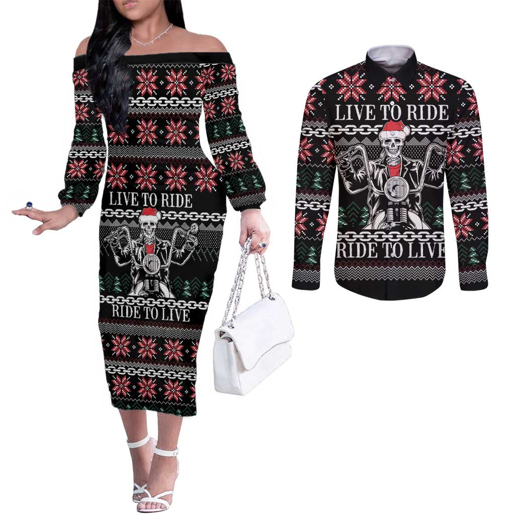 Live To Ride Motorbike Skeleton Couples Matching Off The Shoulder Long Sleeve Dress and Long Sleeve Button Shirt Biker Skull Christmas