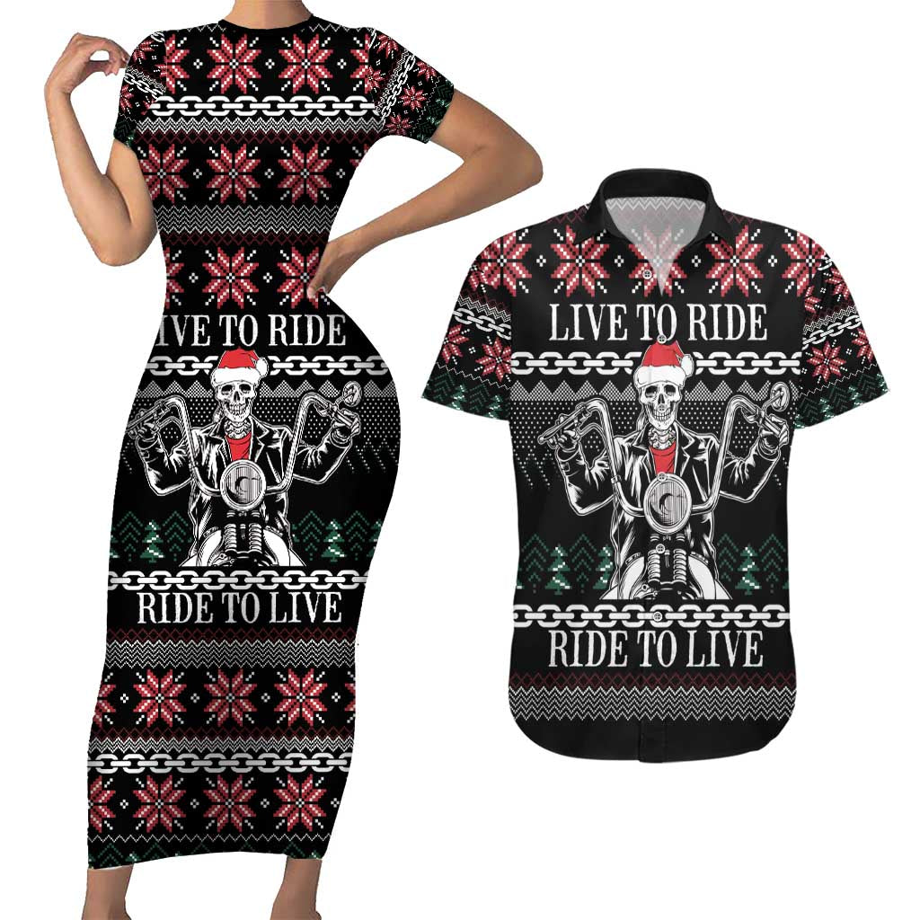 Live To Ride Motorbike Skeleton Couples Matching Short Sleeve Bodycon Dress and Hawaiian Shirt Biker Skull Christmas DT04 - Wonder Print Shop