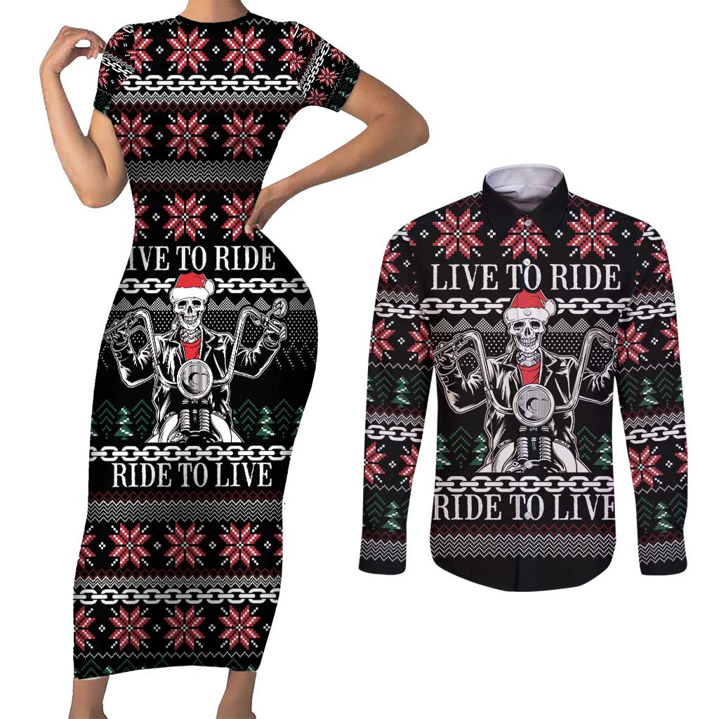 Live To Ride Motorbike Skeleton Couples Matching Short Sleeve Bodycon Dress and Long Sleeve Button Shirt Biker Skull Christmas DT04 - Wonder Print Shop