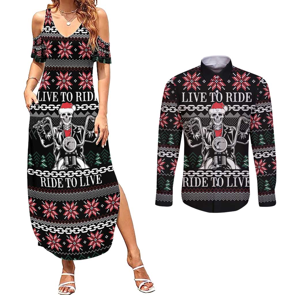 Live To Ride Motorbike Skeleton Couples Matching Summer Maxi Dress and Long Sleeve Button Shirt Biker Skull Christmas DT04 - Wonder Print Shop