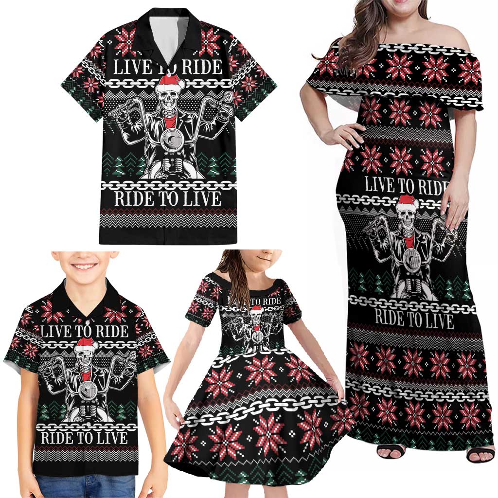 Live To Ride Motorbike Skeleton Family Matching Off Shoulder Maxi Dress and Hawaiian Shirt Biker Skull Christmas DT04 - Wonder Print Shop