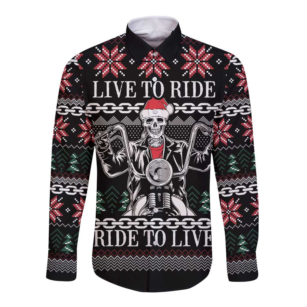 Live To Ride Motorbike Skeleton Long Sleeve Button Shirt Biker Skull Christmas DT04 - Wonder Print Shop