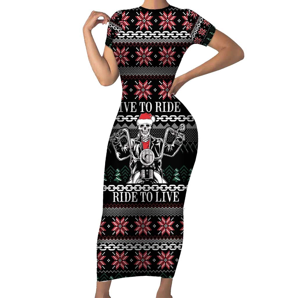 Live To Ride Motorbike Skeleton Short Sleeve Bodycon Dress Biker Skull Christmas