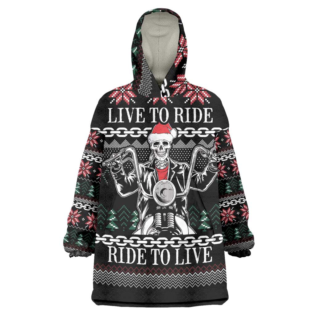 Live To Ride Motorbike Skeleton Wearable Blanket Hoodie Biker Skull Christmas