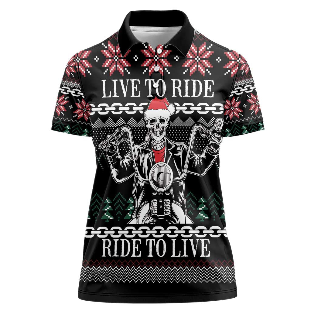 Live To Ride Motorbike Skeleton Women Polo Shirt Biker Skull Christmas