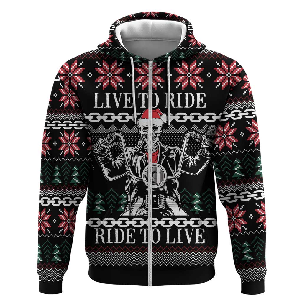 Live To Ride Motorbike Skeleton Zip Hoodie Biker Skull Christmas