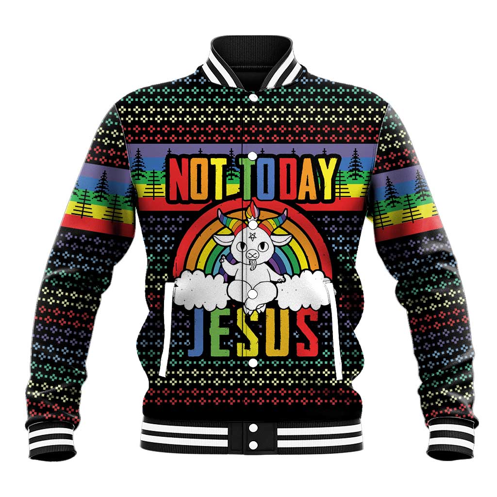 Unisex black baseball jacket with rainbow Christmas graphic and striped ribbed collar