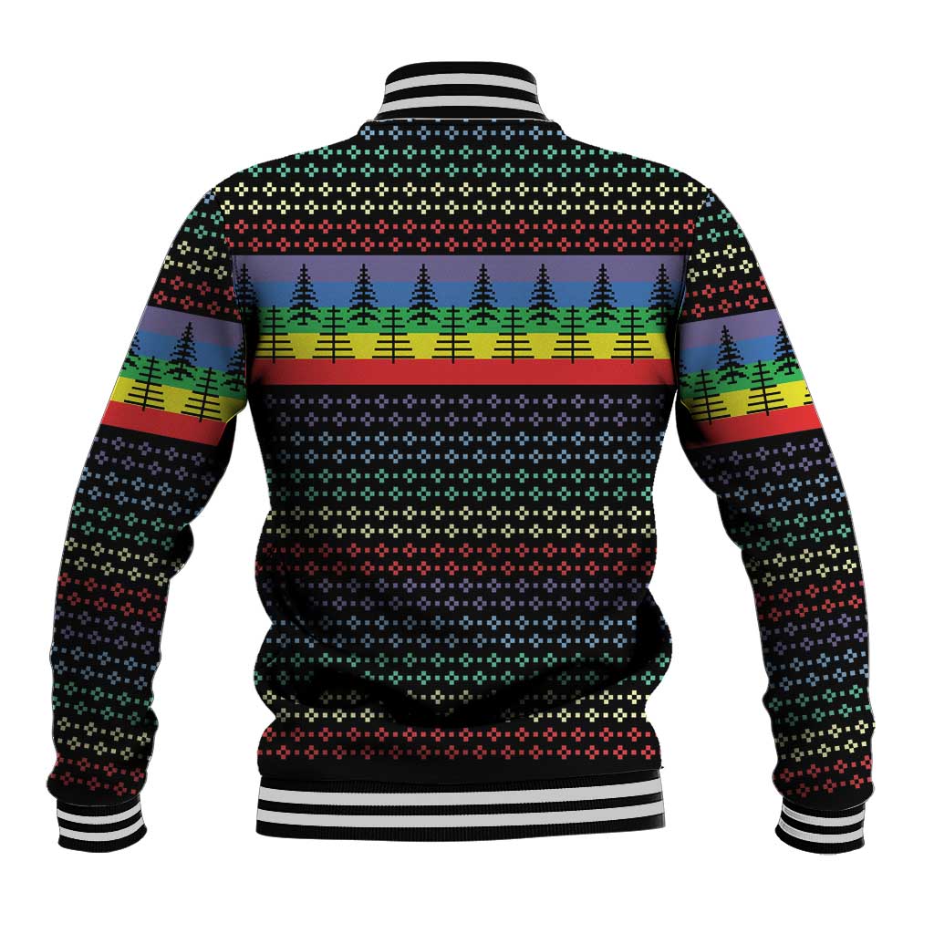 Unisex black baseball jacket back with rainbow holiday stripe and dotted tree pattern