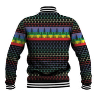 Unisex black baseball jacket back with rainbow holiday stripe and dotted tree pattern
