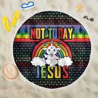 Round beach blanket with rainbow “Not Today Jesus” graphic and fringed edge