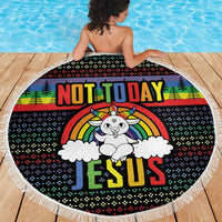 Round beach blanket with “Not Today” and “Jesus” rainbow graphic, fringed border