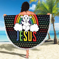 Round beach blanket featuring “Not Today Jesus” rainbow character graphic with tassels
