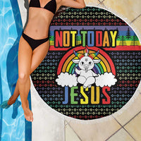 Round beach blanket with rainbow “Not Today Jesus” design and white fringed trim