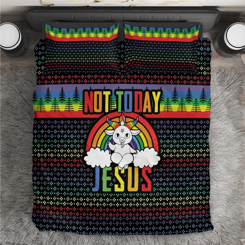 Christmas bedding set with black duvet, rainbow stripe band, trees, rainbow JESUS graphic, 2 pillows
