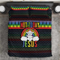 Christmas bedding set with black duvet, rainbow stripe band, trees, rainbow JESUS graphic, 2 pillows