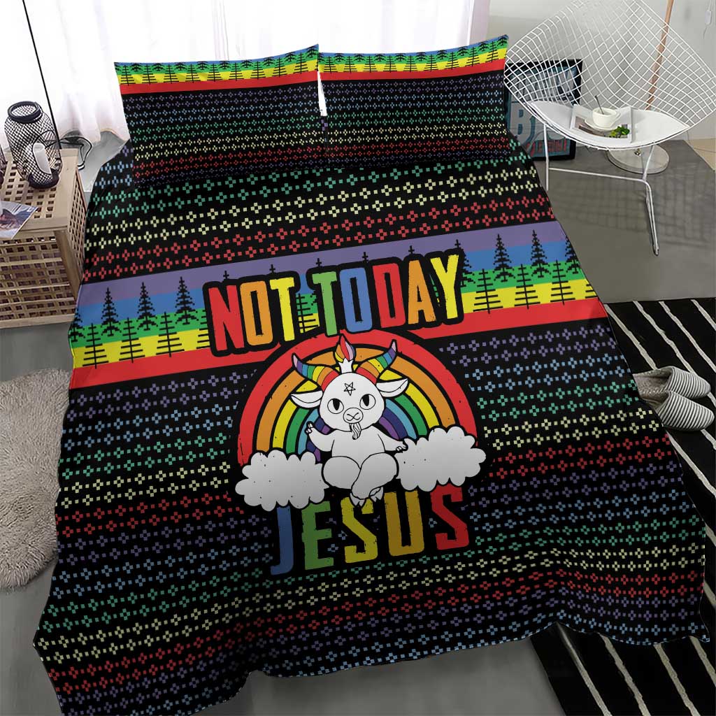 Christmas bedding set with black duvet featuring rainbow stripe, trees, unicorn JESUS graphic, 2 pillows