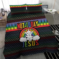 Christmas bedding set with black duvet featuring rainbow stripe, trees, unicorn JESUS graphic, 2 pillows