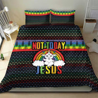 Christmas bedding set with black duvet, rainbow stripe accents, trees, unicorn JESUS graphic, 2 pillows