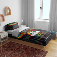 Christmas bedding set with black duvet and pillow featuring rainbow striping, trees, unicorn JESUS graphic