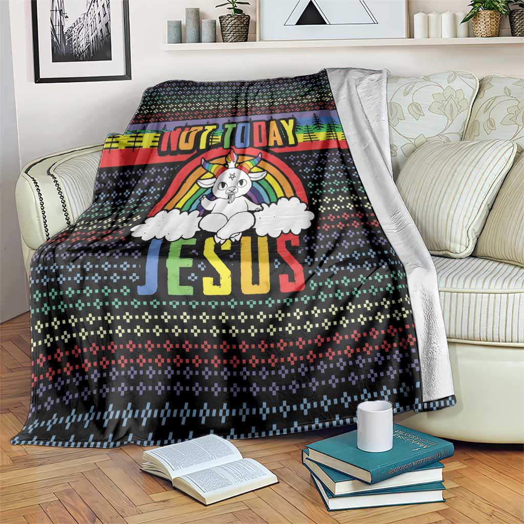 Christmas throw blanket, dark base with rainbow unicorn and 'NOT TODAY JESUS' text