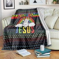 Christmas throw blanket, dark base with rainbow unicorn and 'NOT TODAY JESUS' text