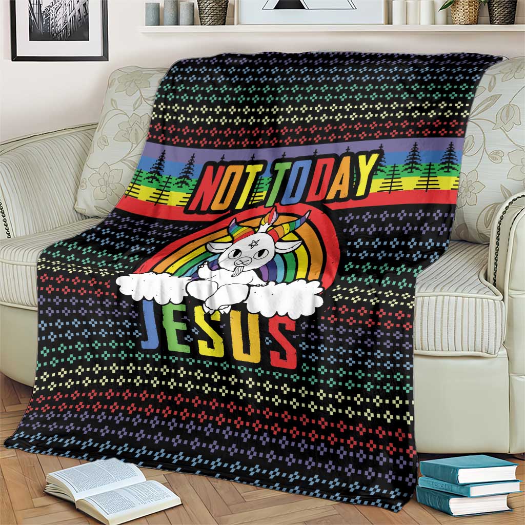 Christmas throw blanket featuring rainbow unicorn and 'NOT TODAY JESUS' on dark background