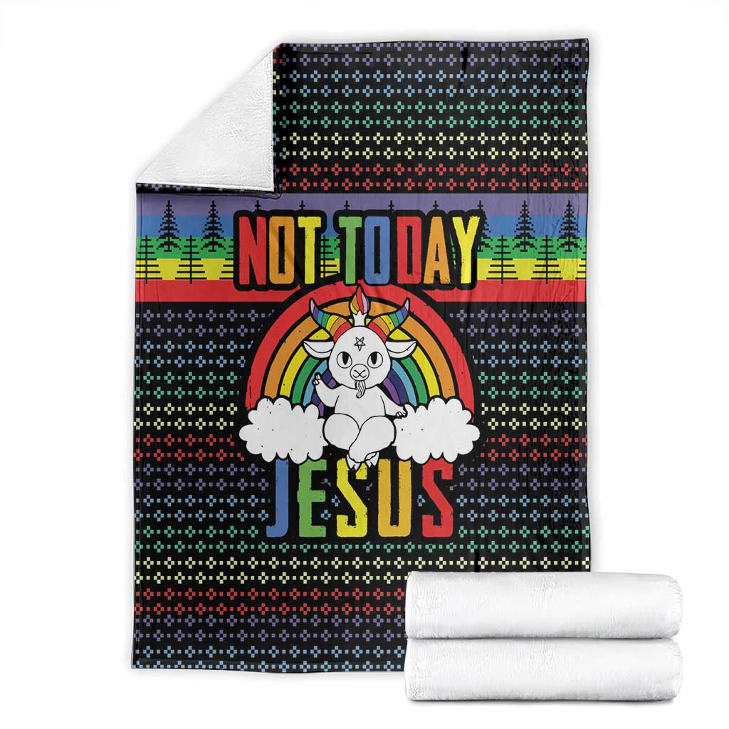 Folded Christmas blanket with rainbow unicorn graphic and 'NOT TODAY JESUS' lettering