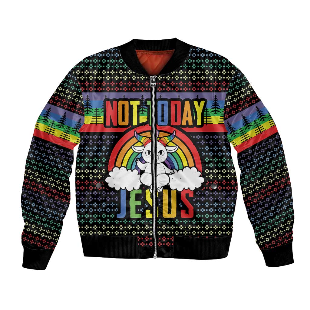 Unisex black bomber jacket with zip front and 'Not Today Jesus' rainbow graphic