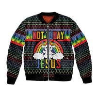 Unisex black bomber jacket with zip front and 'Not Today Jesus' rainbow graphic