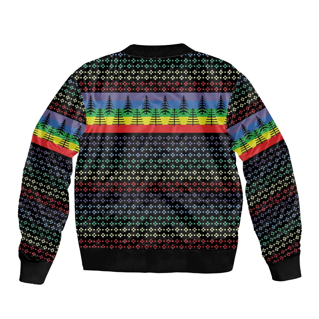 Unisex black bomber jacket with multicolor holiday knit pattern on back and ribbed cuffs