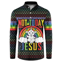 Black long-sleeve button sweatshirt with rainbow bunny and 'NOT TODAY JESUS' print