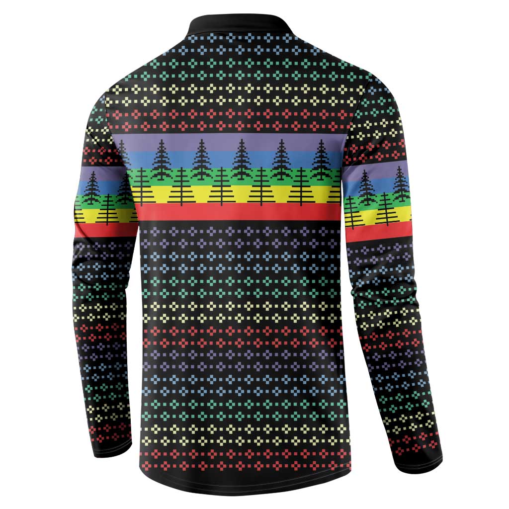 Black long-sleeve button sweatshirt back with multicolor tree and striped festive pattern