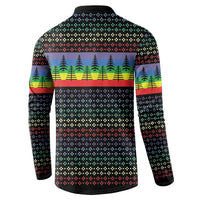 Black long-sleeve button sweatshirt back with multicolor tree and striped festive pattern