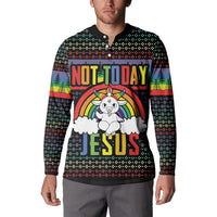 Black long-sleeve button sweatshirt with rainbow bunny and 'JESUS' graphic, festive trees