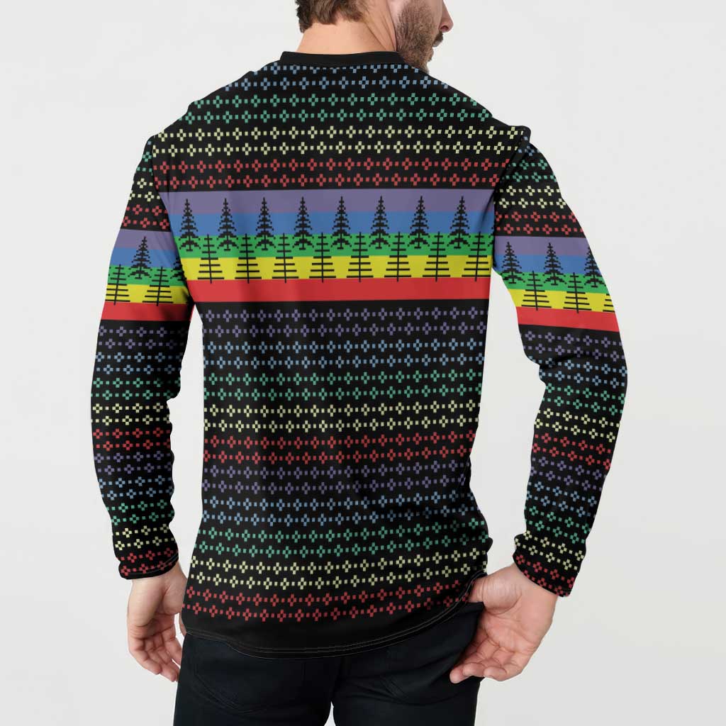 Black long-sleeve button sweatshirt back with rainbow stripe and rows of colored trees