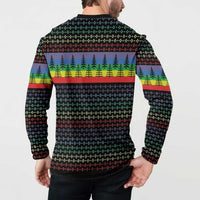 Black long-sleeve button sweatshirt back with rainbow stripe and rows of colored trees