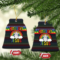 Bell-shaped ceramic Christmas ornament pair with rainbow “NOT TODAY” and “JESUS” lettering