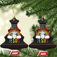 Tree-shaped ceramic Christmas ornament pair with rainbow “NOT TODAY” and “JESUS” design