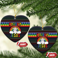 Heart-shaped ceramic Christmas ornaments with rainbow “NOT TODAY” and “JESUS” lettering