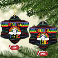 Flake-shaped ceramic Christmas ornaments with rainbow “NOT TODAY” and “JESUS” lettering